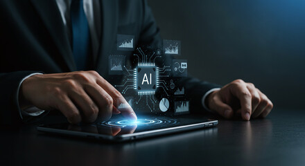 A businessman using a tablet with an ai interface and data charts displayed on the screen