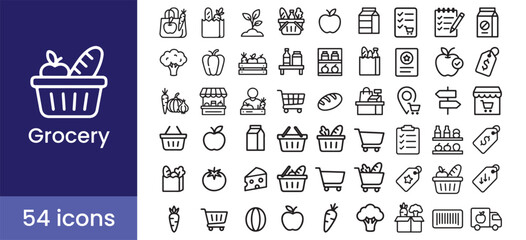 Grocery and supermarket icon set with 54 line style icons including basket, cart, shopping, food, fruit, vegetable, milk, and bread symbols for retail apps and ecommerce design

