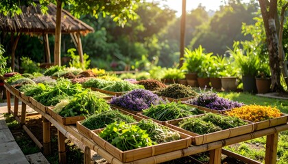Fototapeta premium Assorted Thai Herbs on Display in a Garden