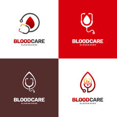 Set of Blood Care logo designs concept vector, Blood and Stethoscope Health logo template, icon, symbol