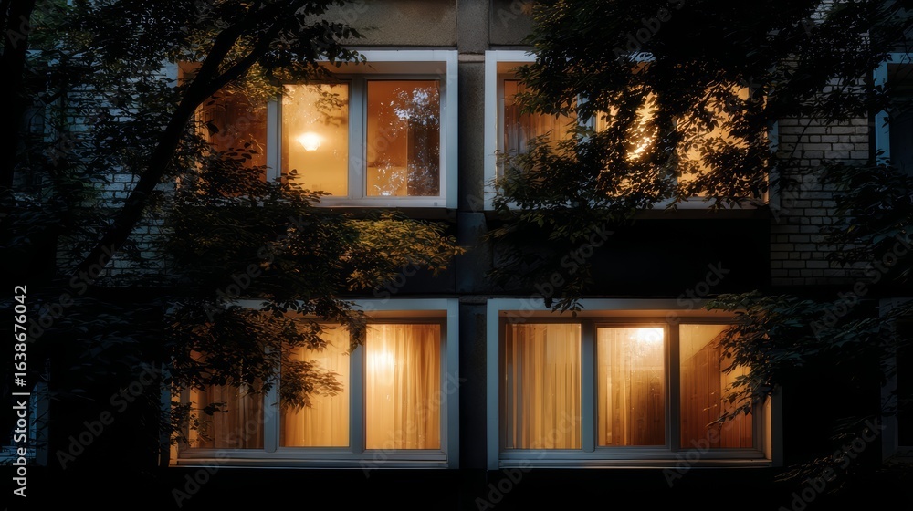 Poster row of windows on a building, with the light from the windows shining through the trees