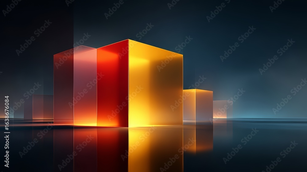 Poster series of cubes in various colors are lit up, creating a dynamic and visually interesting scene