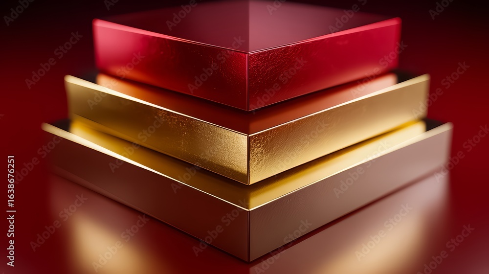 Poster three gold boxes stacked on top of each other on a red background. the boxes are shiny and metallic