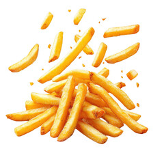 Golden french fries falling on black background delicious crispy potato snack food