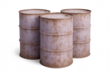 Three rusty metal barrels standing on a transparent background, creating a powerful image of industrial decay and storage solutions