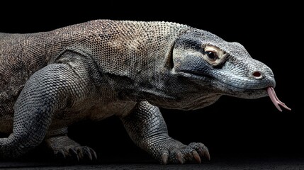 Close-up of a Komodo dragon, profile view, against black background.  Its scaled skin, and protruding pink tongue are visible