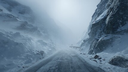Frozen road leads into a snowy mountain pass with a bridge in the distance