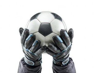 Close-up of hands holding a soccer ball in gloves, png, transparent