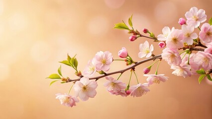 A delicate cherry blossom branch with soft pink petals and a few green leaves, set against a warm beige background, evoking a sense of springtime serenity , beige, garden