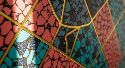 Close-up of a geometric terrazzo pattern with pink, teal, and blue chips and gold inlay