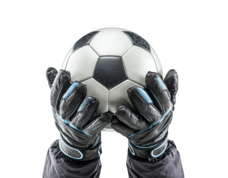 Close-up of hands holding a soccer ball in gloves, png, transparent