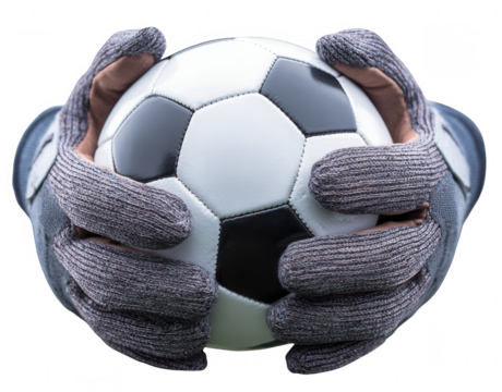Close-up of hands holding a soccer ball in gloves, png, transparent