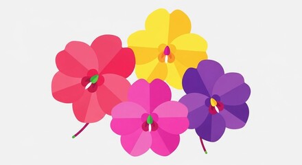 A vibrant illustration of five colorful impatiens flowers in shades of pink, red, yellow, and purple.