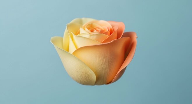 A single rosebud with petals transitioning from pale yellow to a warm peachy orange, set against a soft blue background.
