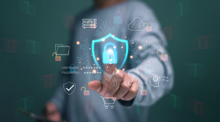 Cybersecurity concept. Finger point padlock with digital shield and secure login interface....