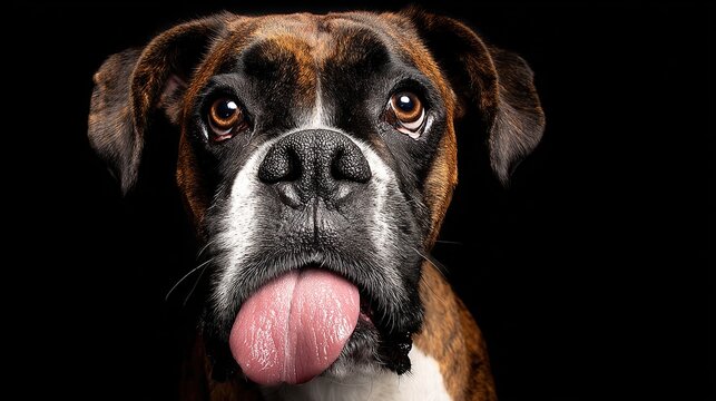 Close-up portrait of a brindle Boxer dog with its tongue hanging out, set against a pure black background.  The dog's expression is playful and slightly goofy