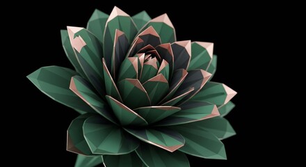 A stylized, geometric green flower with rose gold metallic tips isolated on a black background.