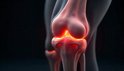 Glowing inflamed knee joint bone anatomy with pain sensation, medical illustration of arthritis