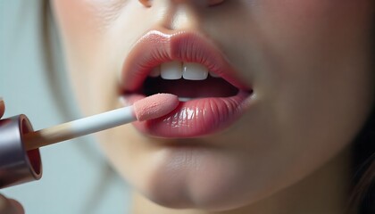 Luscious lips get a glossy finish with shimmering pink lip gloss application, creating a radiant look