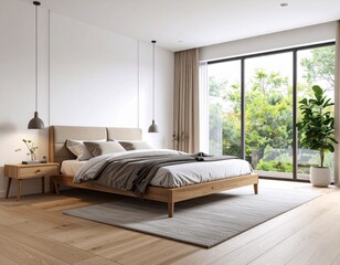 Minimalist modern bedroom interior, clean lines, neutral color palette, neatly made bed, natural light from large windows, wooden floor, photorealistic, high detail