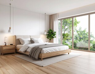 Fototapeta premium Minimalist modern bedroom interior, clean lines, neutral color palette, neatly made bed, natural light from large windows, wooden floor, photorealistic, high detail
