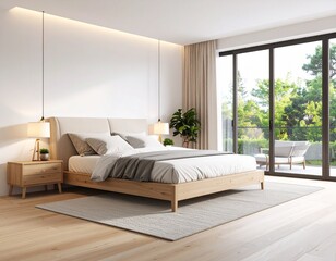 Minimalist modern bedroom interior, clean lines, neutral color palette, neatly made bed, natural light from large windows, wooden floor, photorealistic, high detail