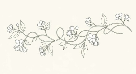 A graceful line art illustration of an intertwined flowering vine with delicate blossoms, buds, and leaves on a cream background.