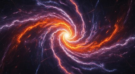 A vibrant, swirling vortex of orange and purple cosmic energy with a luminous core.