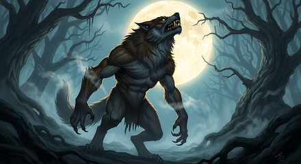 A fearsome werewolf howls at the full moon in a dark, misty, and spooky forest at night.