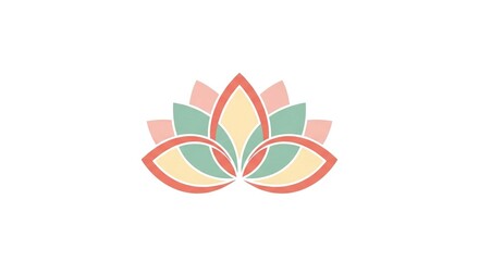 An elegant, stylized lotus flower graphic with symmetrical petals in soft pastel pink, teal, and yellow colors.