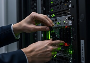 IT Technician Inspecting Server Hardware – Focused Pro in Data Center for Tech Support Ads, Corporate IT & Cloud Infrastructure Campaigns (Glowing Racks, HD)