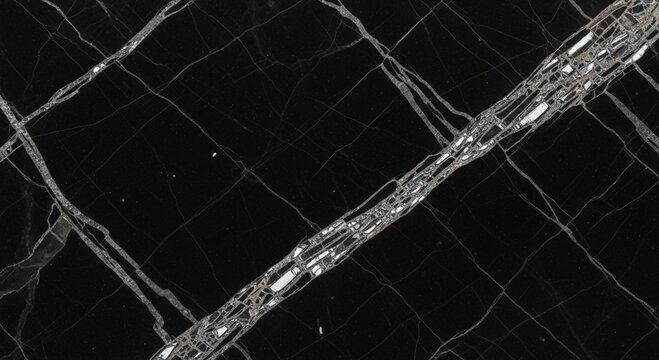 Elegant black marble slab featuring a striking pattern of thin white lines and a thick, crystalline silver vein. - Powered by Adobe