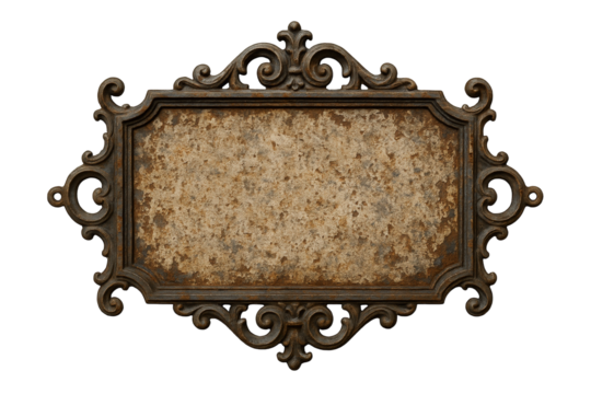 Ornate Cast Iron Plaque with Textured Surface and Decorative Scrollwork Accents
