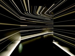 A futuristic, dimly lit tunnel with glowing yellow-gold stripes racing across the walls and ceiling, creating a sense of motion and a sci-fi atmosphere