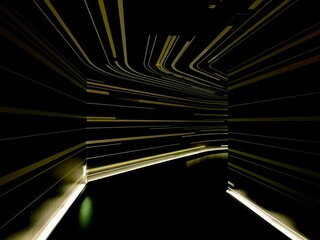 A futuristic, dimly lit tunnel with glowing yellow-gold stripes racing across the walls and ceiling, creating a sense of motion and a sci-fi atmosphere