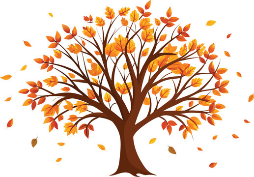 Stunning autumn tree with falling leaves in vibrant shades of orange and gold, perfect for seasonal designs, Thanksgiving promotions, and nature-themed projects, bringing warmth and seasonal charm