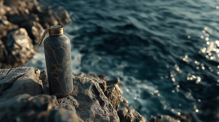 A patterned bottle sits on rocks overlooking the ocean water surface