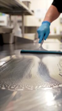 Chef in gloves cleaning a stainless steel counter in a hospital kitchen.