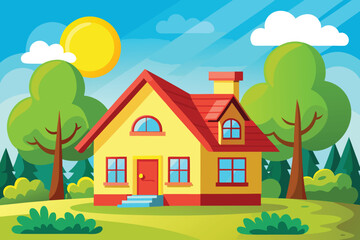 Charming yellow house with a red roof nestled in a vibrant green landscape under a sunny sky, perfect for real estate marketing, children's books, or illustrating the joy of homeownership