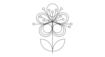 A minimalist black and white line art illustration of a stylized geometric flower with overlapping circular petals and a simple stem.