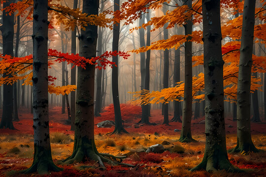 A forest landscape in autumn with vibrant red and orange leaves