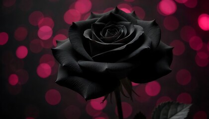 Stunning dark rose with vibrant pink bokeh lights creates a dramatic, romantic, and elegant mood.