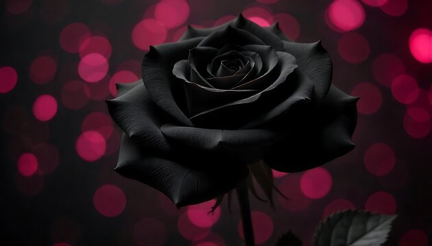 Stunning dark rose with vibrant pink bokeh lights creates a dramatic, romantic, and elegant mood.