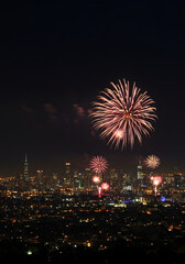Fireworks exploding over a city skyline at night with bright lights and dark sky background view