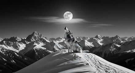 A lone wolf sits on a snowy mountain peak, howling at the full moon in a dramatic black and white landscape.