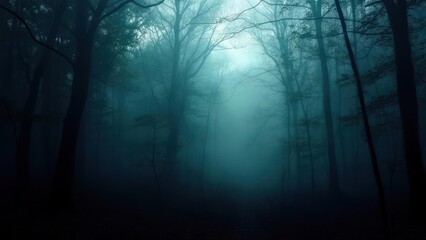 A Haunting Path Through a Dark Forest Shrouded in Eerie Blue Mist.