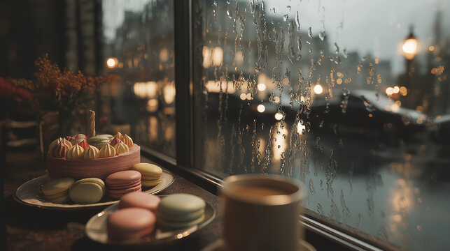 Cake and macarons by a window on a rainy day in a cozy cafe scene