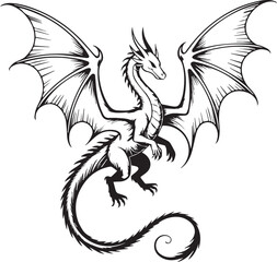 detailed black and white dragon vector with wide wings fierce horns sharp claws and curly tail fantasy mythical creature