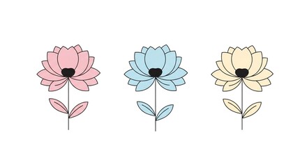 Fototapeta premium An illustration of three delicate flowers in a row, colored in pastel pink, blue, and cream.