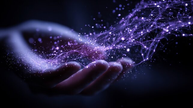 A human hand cradles and manipulates glowing purple energy, seemingly connected